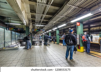 NEW YORK, USA - OCT 20, 2015: People Wait At Subway Station Barclays Center In New York. With 1.75 Billion Annual Ridership, NYC Subway Is The 7th Busiest Metro System In The World.