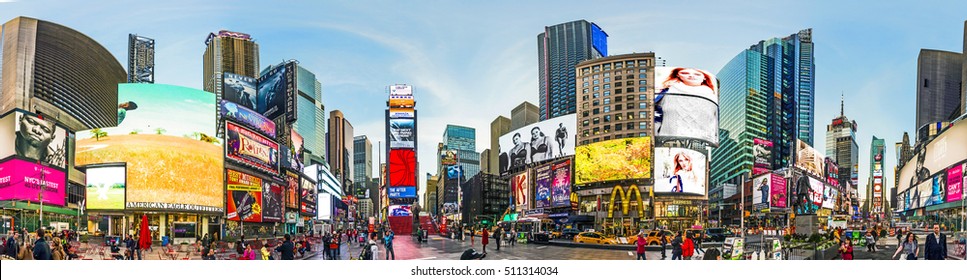 NEW YORK, USA - OCT 21, 2015: people visit Times Square, featured with Broadway Theaters and huge number of LED signs, is a symbol of New York City and the United States.