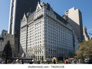 NEW YORK, USA - OCT 4, 2017: facade of 5 star hotel Plaza Fairmont at the 5th avenue in New York. The hotel is a 19th century consttruction.