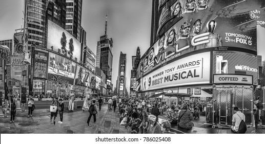 NEW YORK, USA  OCT 4, 2017:  Neon Advertising Of News, Brands And Theaters At Times Square In Late Afternoon. Times Square Is A Symbol For New York Life And Amusement.