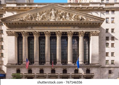 NEW YORK, USA - OCT 5, 2017: facade of wall street stock exchange in New York. NYSE is the most famous stock exchange in the world.