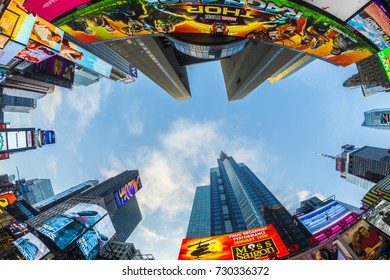 NEW YORK, USA - OCT 7, 2017:  Neon Advertising Of News, Brands And Theaters At Times Square In Late Afternoon. Times Square Is A Symbol For New York Life And Amusement.