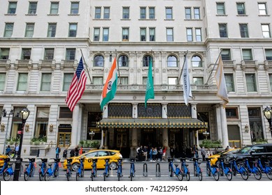 New York, USA, October 1, 2017: Facade Of The Famous Hotel Plaza In New York