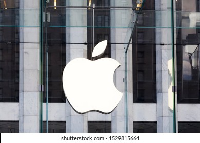 New York, New York, USA - October 10, 2019: Apple logo over the store on 5th Avenue and 59th Street in Manhattan.