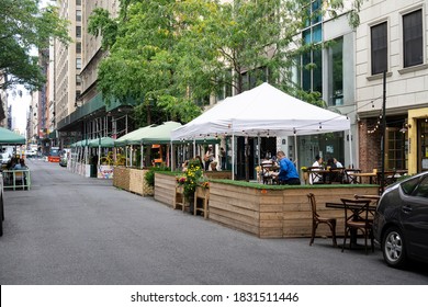 New York / USA - October 10 2020: An Outdoor Restaurant In Midtown Manhattan. Covid Outdoor Dining