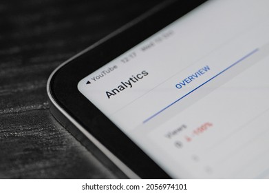 New York, USA - October 13 2021: Google Youtube Analytics Overview On Ipad Screen Close Up View