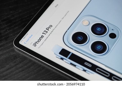 New York, USA - October 13 2021: Iphone 13 Pro On Apple Online Store Ipad Screen Close Up View