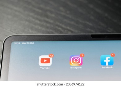 New York, USA - October 13 2021: Notifications On Social Media Apps On Ipad Screen Close Up View