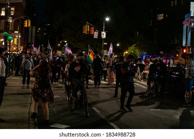 New York / USA - October 15 2020: Black Trans Lives Matter Marching At Night In West Village In New York City