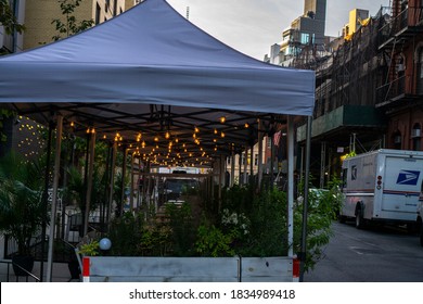 New York / USA - October 15 2020: An Outdoor Restaurant In Downtown Manhattan. Covid Outdoor Dining