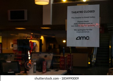 New York / USA - October 15 2020: A Note On A Window Of An AMC Theatre Regarding Closure Due To Covid-19