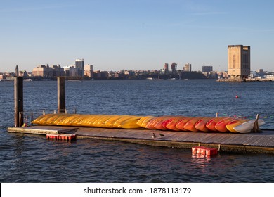 New York, New York USA - October 15 2020: Colorful Kayak Boats At Pier 26 At Hudson River Park Along The Hudson River In Tribeca Of New York City