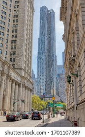 NEW YORK, USA - OCTOBER 2, 2018: 8 Spruce Street Tower View From The Centre Street In Manhattan