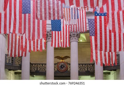 NEW YORK, USA - OCTOBER 2017: Interior Of The Federal Hall On Wall Street Where George Washington Took The Oath Of Office As The First President Of The United States Of America