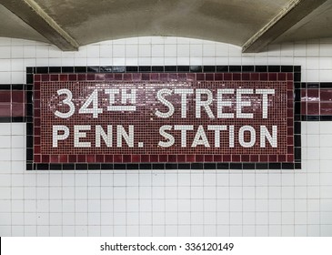 New York, USA - October 21, 2015: old vintage sign in the metro at the 34th Street Pennsylvania Station Subway stop in New York City.