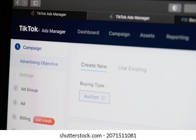 New York, USA - October 23, 2020: Managing Ad Campaign In Tiktok Page Screen Display Close Up View