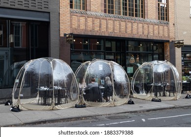 New York, New York USA - October 27 2020: Outdoor Dining Dome Seating At A Restaurant In Greenwich Village Of New York City During The Covid 19 Pandemic