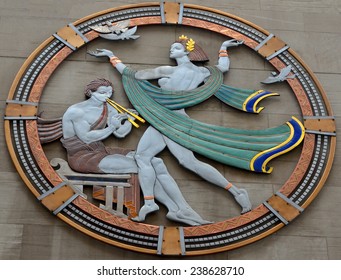 NEW YORK USA OCTOBER 27: Art Deco Medallion Graces By Hildreth Meiere The West 50th Street Facade Of Radio City Music Hall  On October 27, 2013 In New York