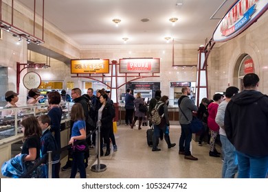 New York, USA - October 29, 2017: Grand Central Terminal Food Court Restaurant In New York City With People In Store Shop Ordering Line Queue, Dining Concourse