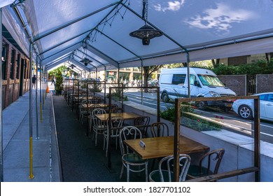 New York / USA - October 3 2020: An Empty Outdoor Restaurant In Downtown Manhattan. Covid Outdoor Dining