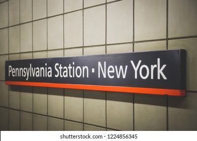 NEW YORK, USA - OCTOBER 31, 2018: Pennsylvania station sign on the wall inside the building in New York city, USA