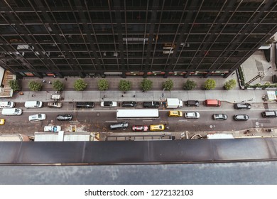 NEW YORK, USA - OCTOBER 8, 2018: View From Above Over Vehicles On New York Street, Usa 