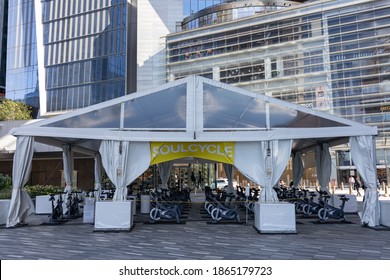 New York, New York USA - October 8 2020: Outdoor Soul Cycle Cycling Class At Hudson Yards During The Covid 19 Pandemic In New York City