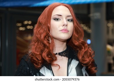 New York, New York - USA – October 9, 2021: A Cosplayer Dressed As Natasha Romanoff From Black Widow Attends The New York Comic Con 2021.  
