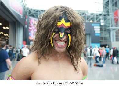 New York, New York - USA – October 9, 2021: The Ultimate Warrior Flexes Muscle At The New York Comic Con 2021 At The Jacob Javits Center On Oct. 9, 2021 In New York City.
