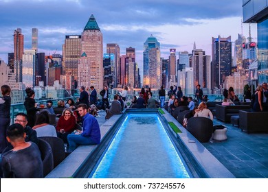 NEW YORK, USA - SEP 08, 2017: Skyline Skyscraper View at the Press Lounge Rooftop