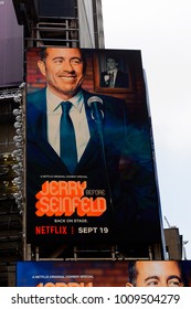 NEW YORK, USA - SEP 16, 2017: Jerry Seinfeld Netflix, Times Square, Manhattan, New York City, United States of America