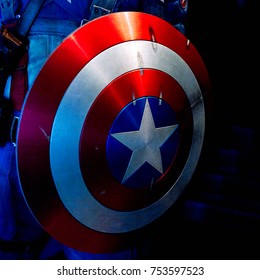 NEW YORK, USA - SEP 16, 2017: Shield Of  Captain America, Marvel Cinematographic Universe, Madame Tussauds NY Wax Museum.