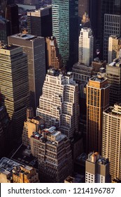 NEW YORK, USA - Sep 17, 2017: Streets And Roofs Of Manhattan. New York City Manhattan Midtown Viewed From Top Of Empire State Building. Birds Eye View