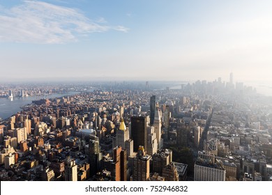 NEW YORK, USA - Sep 17, 2017: 5th Avenue, Flatiron Building And Madison Square Park. Manhattan Midtown And Downtown Viewed From Top Of Empire State Building. Birds Eye View