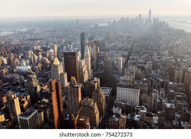 NEW YORK, USA - Sep 17, 2017: 5th Avenue, Broadway, Flatiron Building And Madison Square Park. Manhattan Midtown And Downtown Viewed From Top Of Empire State Building. Birds Eye View