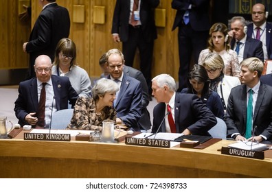 NEW YORK, USA - Sep 20, 2017: Prime Minister of the United Kingdom Theresa May and US Vice President Michael Pence before the debates at the UN Security Council Summit
