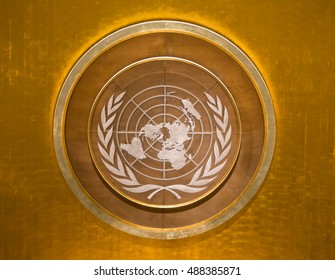 NEW YORK, USA - Sep 21, 2016: The Emblem Of The United Nations In The Meeting Room Above The The Podium At The UN Headquarters