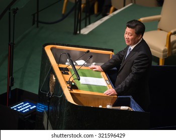 NEW YORK, USA - Sep 28, 2015: President of the People's Republic of China Xi Jinping  speaks at the opening of the 70th session of the General Assembly of the United Nations Organization in New York