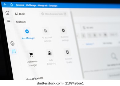 New York, USA - September 1, 2022: Facebook Ads Manager App On Laptop Screen Macro Close Up View Background