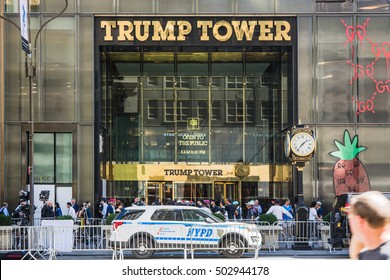 NEW YORK, USA - SEPTEMBER 15, 2016: Trump Tower With Film Crew And New York Police Department Outside In The Run Up To The  Presidential Election In 2016