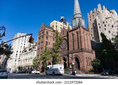 New York, New York USA - September 18 2021: Upper East Side Street With An Old Church In New York City