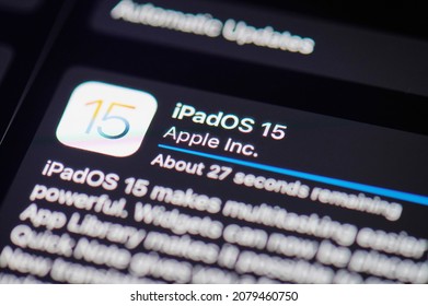 New York, USA - September 20 2021: Install Ipad Ios 15 Update  Screen Close Up View