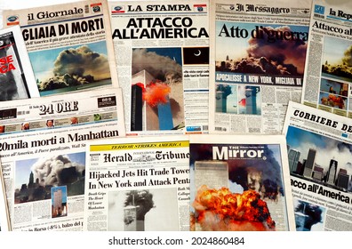 New York, USA – September 2001: International Newspapers Headlines About 9-11 2001 Attack