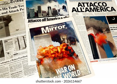 New York, USA – September 2001: International Newspapers headlines about 9-11 2001 attack