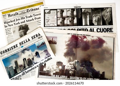 New York, USA – September 2001: International Newspapers headlines about 9-11 2001 attack