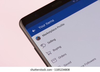 New York, USA - September 21, 2018: Facebook Marketplace Menu On Smartphone Screen Background Close Up View