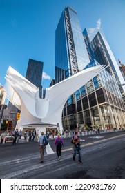 NEW YORK, USA - September 26, 2018: THE OCULUS. The Oculus Transportation Hub At New World Trade Center NYC Subway Station. Oculus, The Main Station House.
