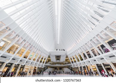 NEW YORK, USA - September 26, 2018: THE OCULUS. The Oculus Transportation Hub At New World Trade Center NYC Subway Station. Oculus, The Main Station House Interior View.
