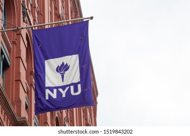 New York, New York, USA - September 26, 2019: An NYU flag or sign in Soho.