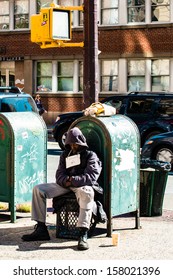 NEW YORK, USA - SEPTEMBER 28, 2013: A Jobless Man Begging For A Job As A Painter On September 28, 2013 In Manhattan, New York City, USA.